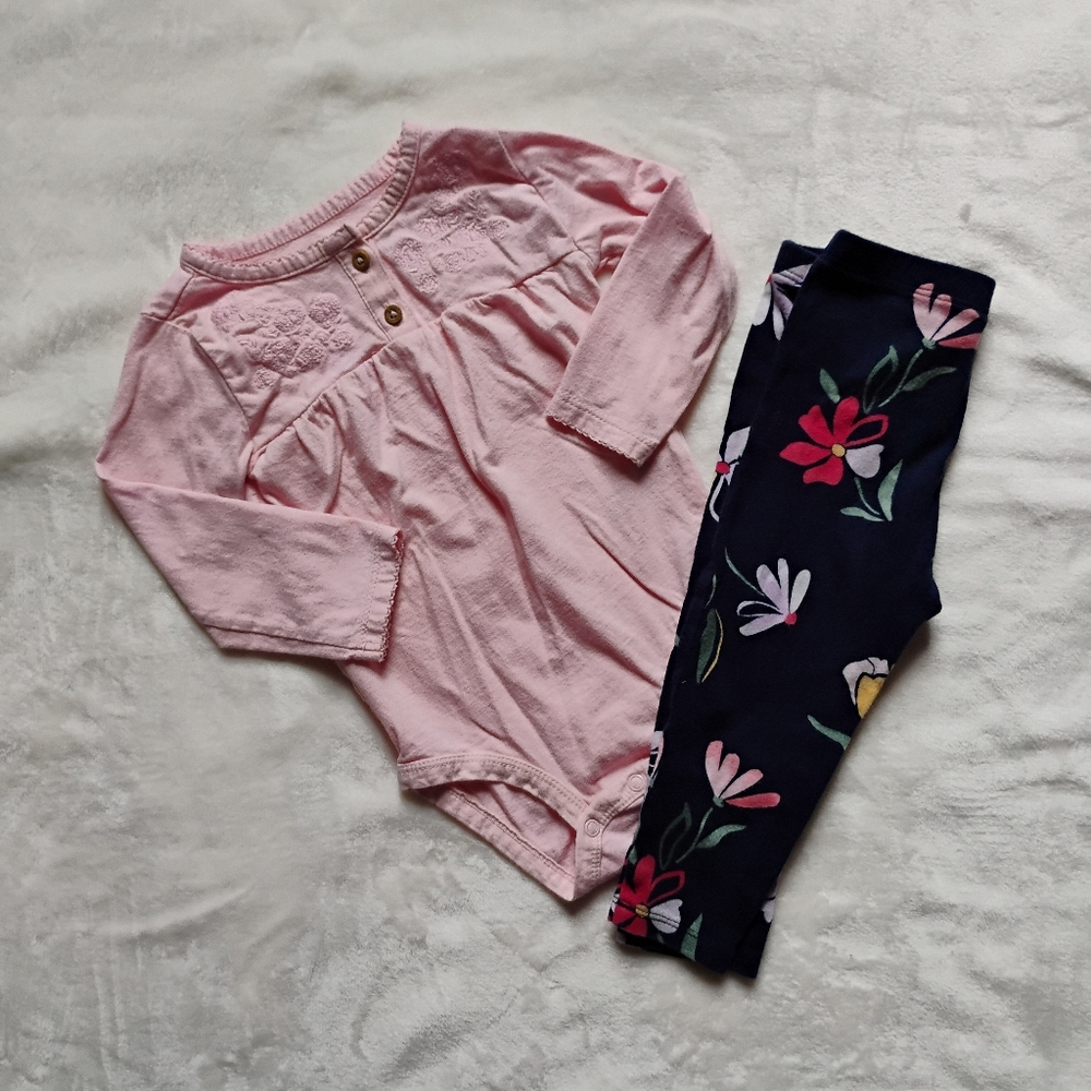 Long Sleeve Pink Embroidered Onesie & Floral Pant Set | 18M